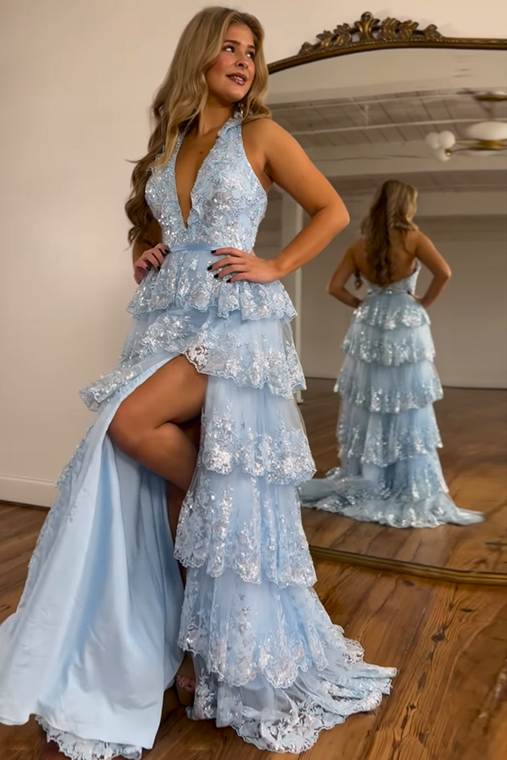 Light Blue Prom Dress Halter Backless Lace Tiered Long Evening Dress with Slit