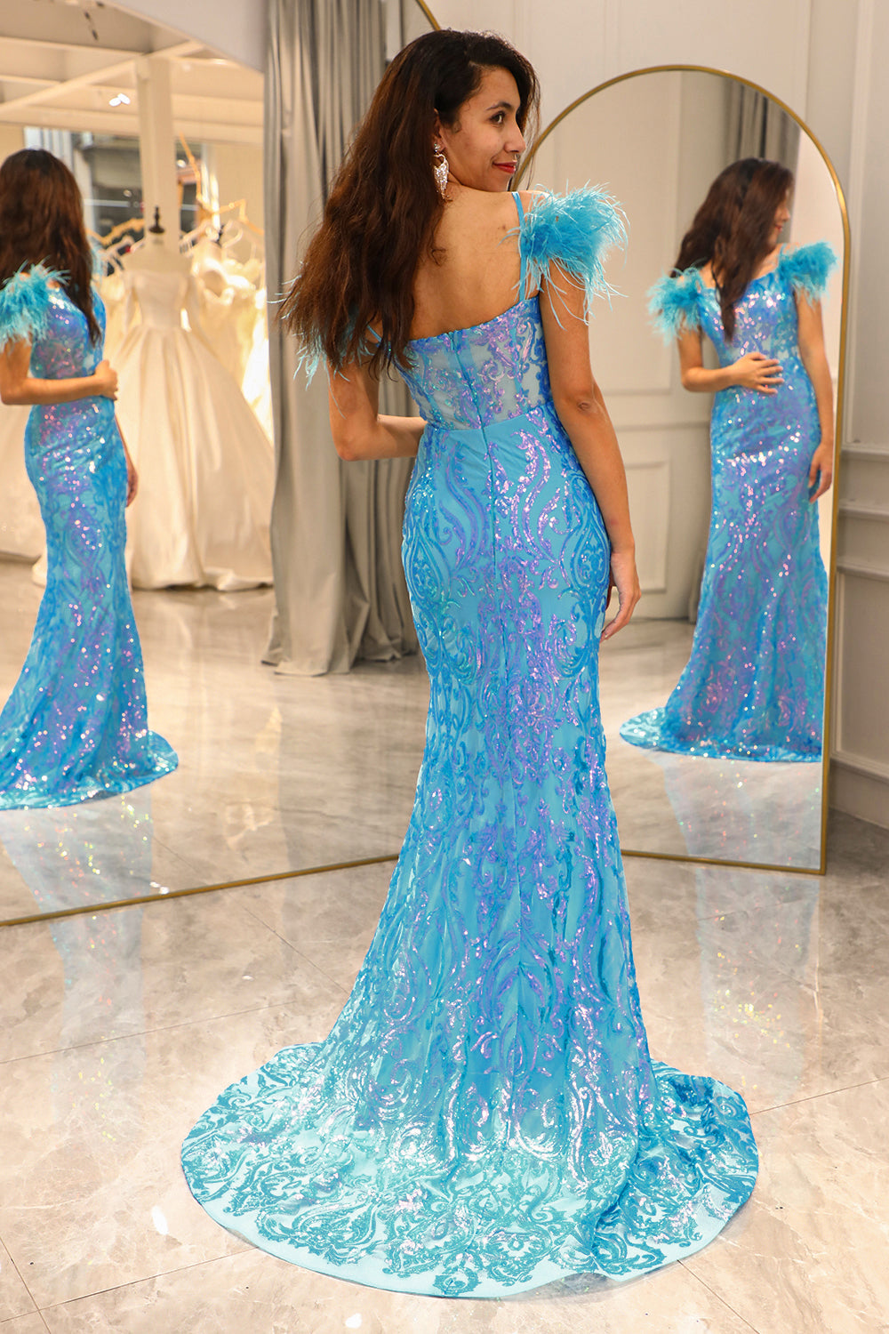 Light Blue Prom Dress Mermaid Long Evening Dress with feathers