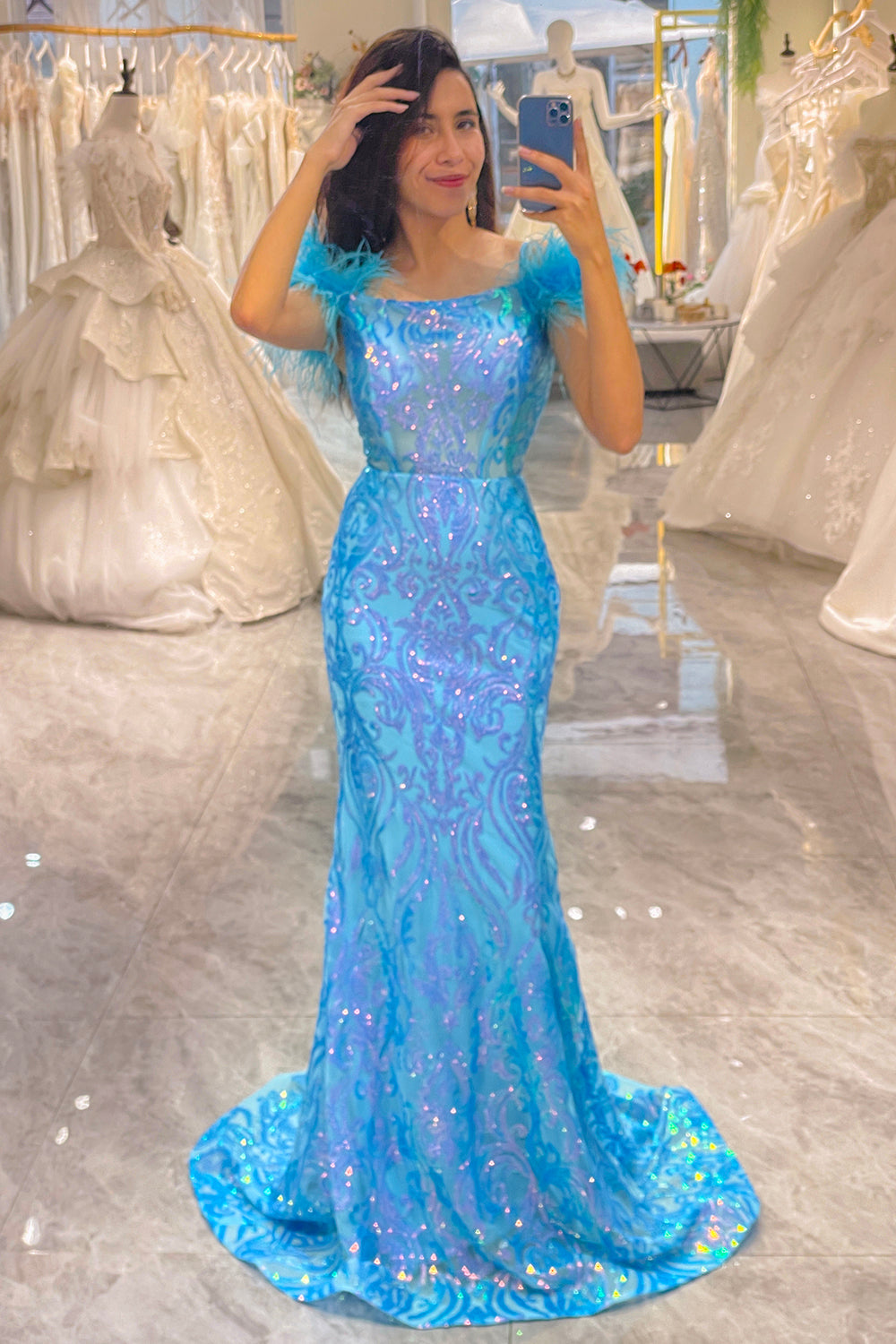 Light Blue Prom Dress Mermaid Long Evening Dress with feathers