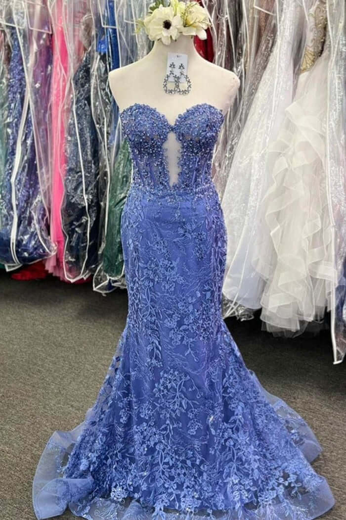 Light Blue Prom Dress Mermaid Sweerheart Corset Evening Dress with Appliques