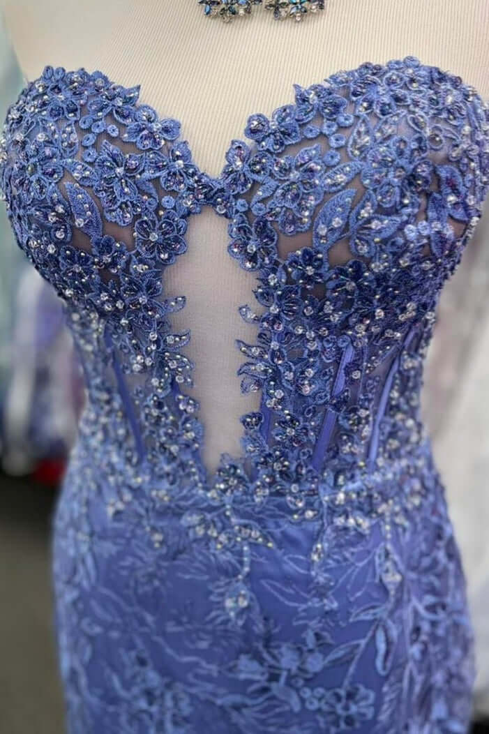 Light Blue Prom Dress Mermaid Sweerheart Corset Evening Dress with Appliques