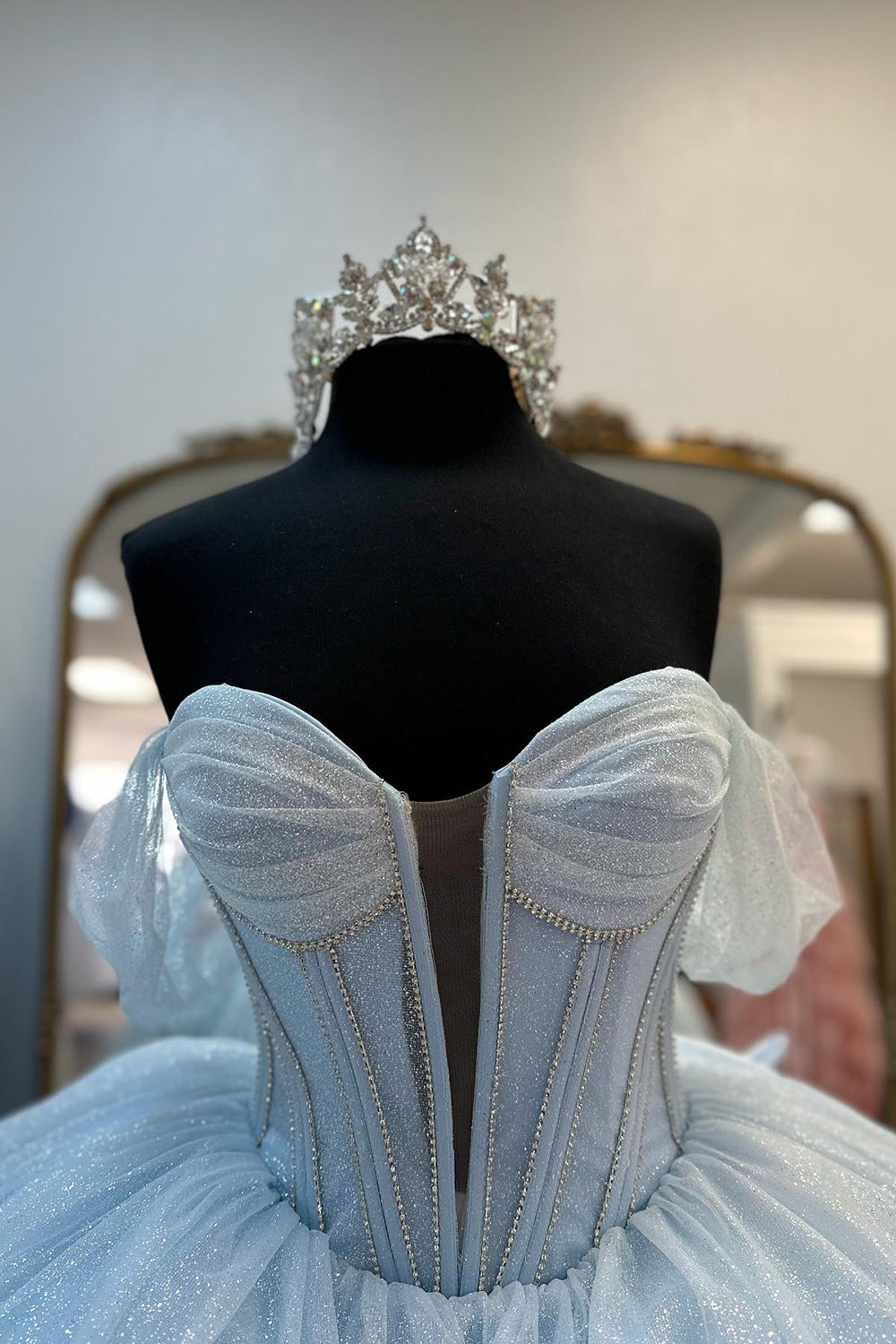 Light Blue Prom Dress Off the Shoulder Tulle Long Corset Evening Dress with Bow