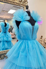 Light Blue Prom Dress Ruffle Straps A Line Tiered Evening Dress