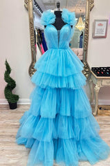 Light Blue Prom Dress Ruffle Straps A Line Tiered Evening Dress