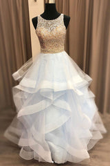 Light Blue Prom Dress Sequin Tulle Long Formal Gown Evening Dress