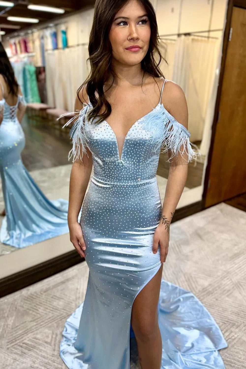Light Blue Prom Dress Sequined Mermaid Long Evening Dress with Feathers
