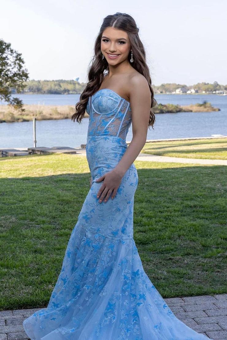 Light Blue Prom Dress Strapless Long Evening Dress With Appliques