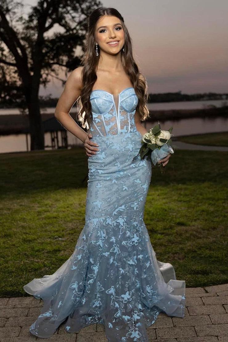 Light Blue Prom Dress Strapless Long Evening Dress With Appliques