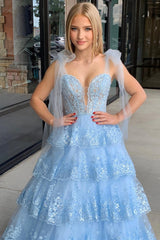 Light Blue Prom Dress Tulle Appliques Ruffle Tiered Long Evening Dress