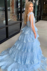 Light Blue Prom Dress Tulle Appliques Ruffle Tiered Long Evening Dress
