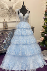 Light Blue Prom Dress Tulle Appliques Ruffle Tiered Long Evening Dress