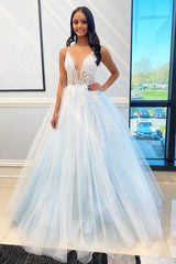 Light Blue Prom Dress Tulle Lace Long Formal Dress Evening Dress