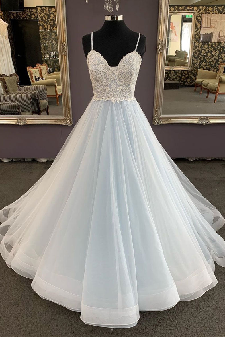 Light Blue Prom Dress Tulle Lace Long Formal Gown Evening Dress