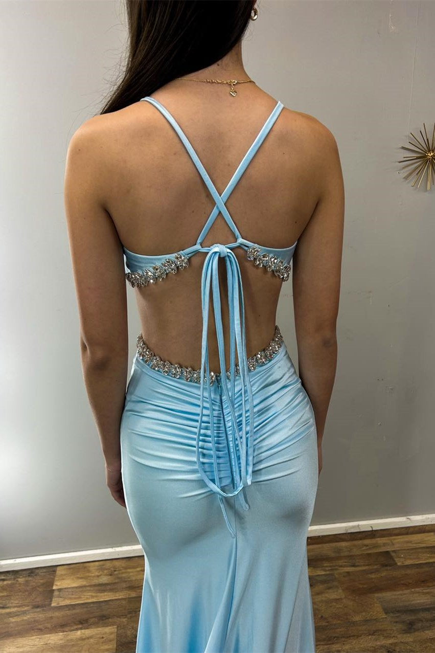 Light Blue Prom Dress V Neck Cutout Rhinestone Mermaid Long Evening Dress