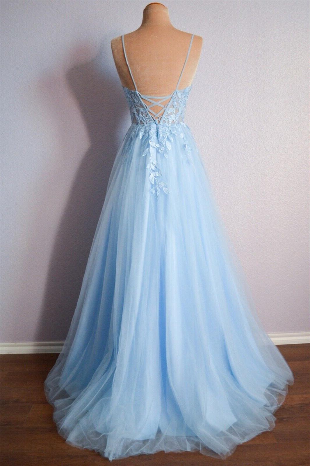 Light Blue Prom Dress V Neck Lace Up Appliques Tulle Long Evening Dress