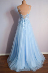 Light Blue Prom Dress V Neck Lace Up Appliques Tulle Long Evening Dress