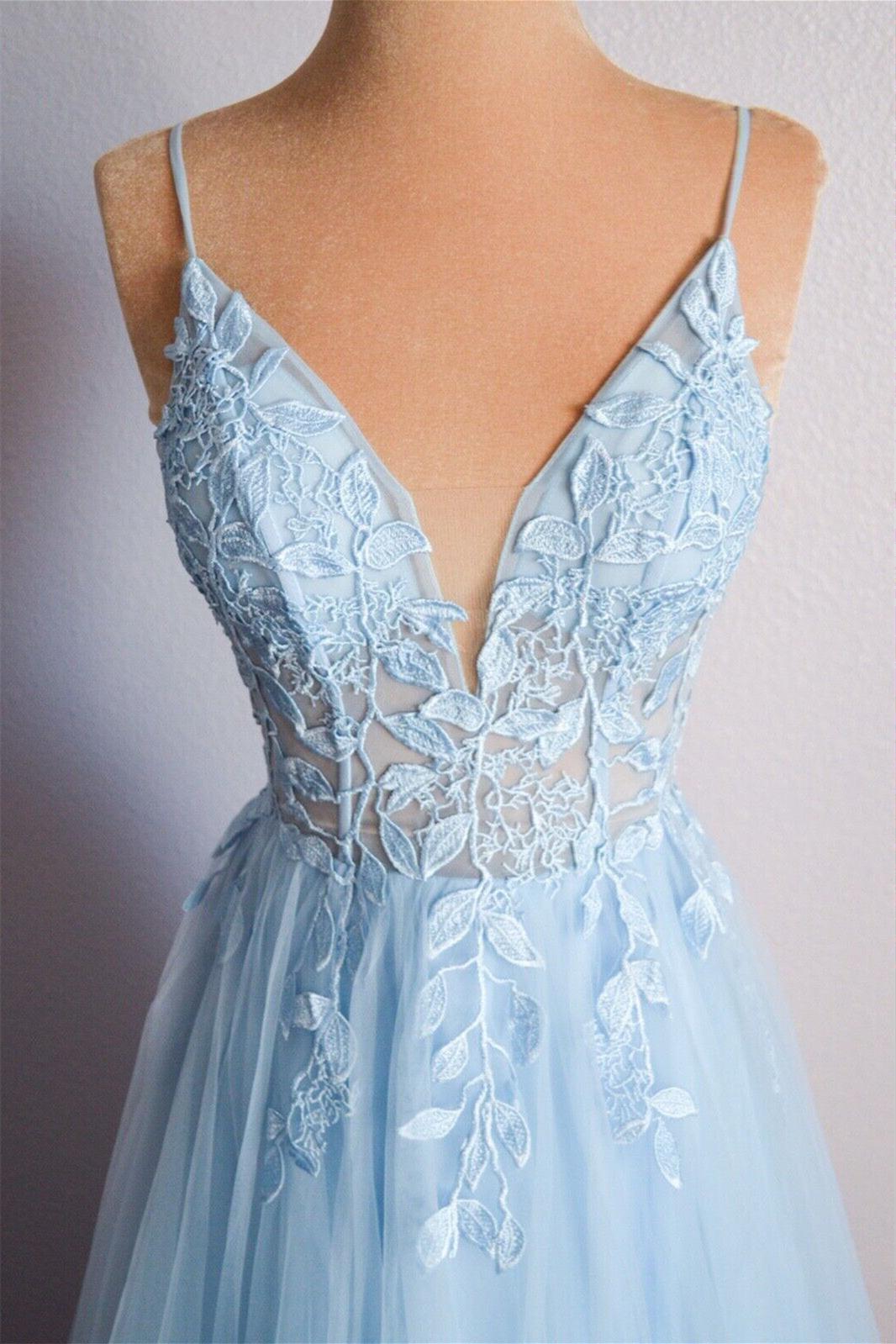 Light Blue Prom Dress V Neck Lace Up Appliques Tulle Long Evening Dress
