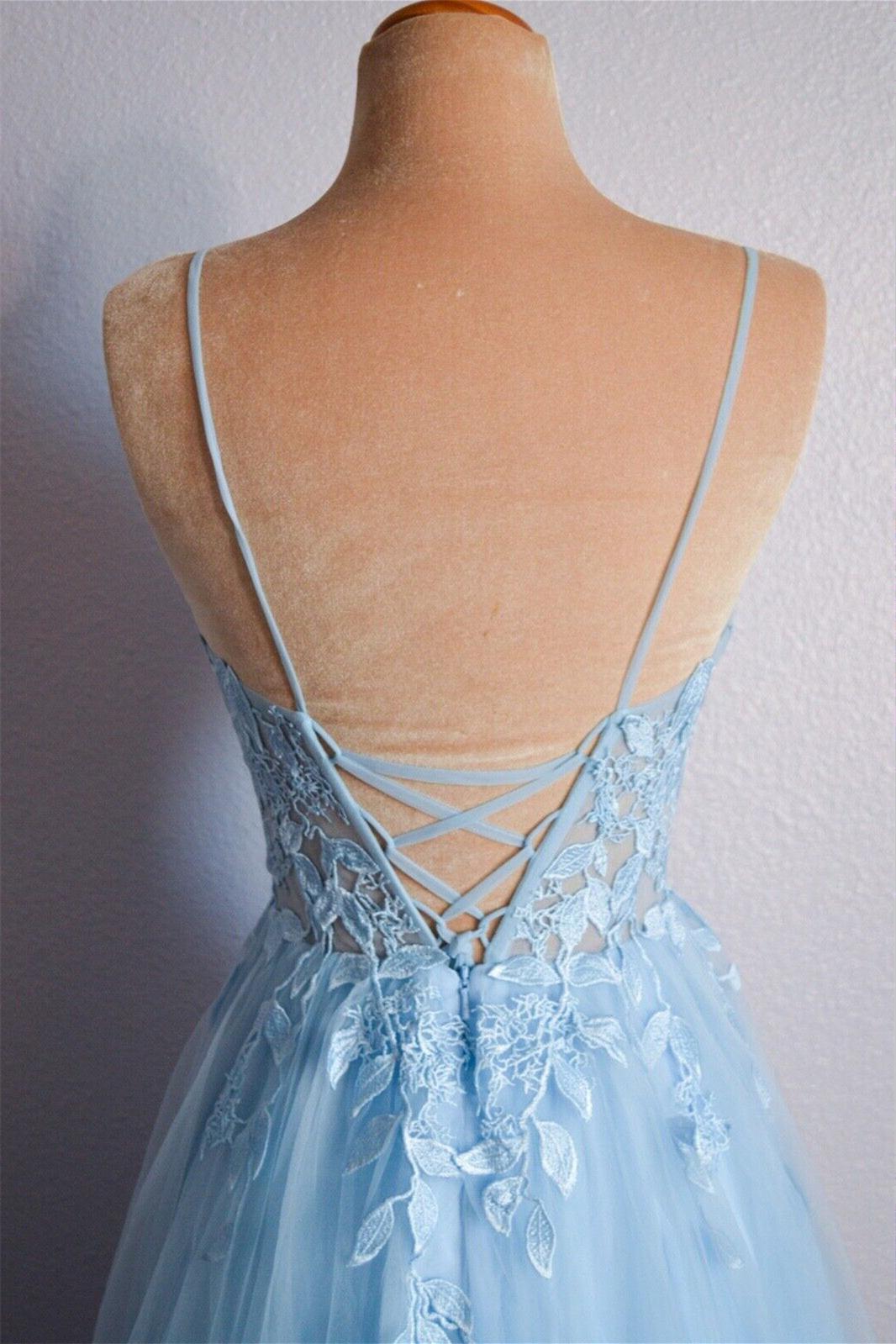 Light Blue Prom Dress V Neck Lace Up Appliques Tulle Long Evening Dress