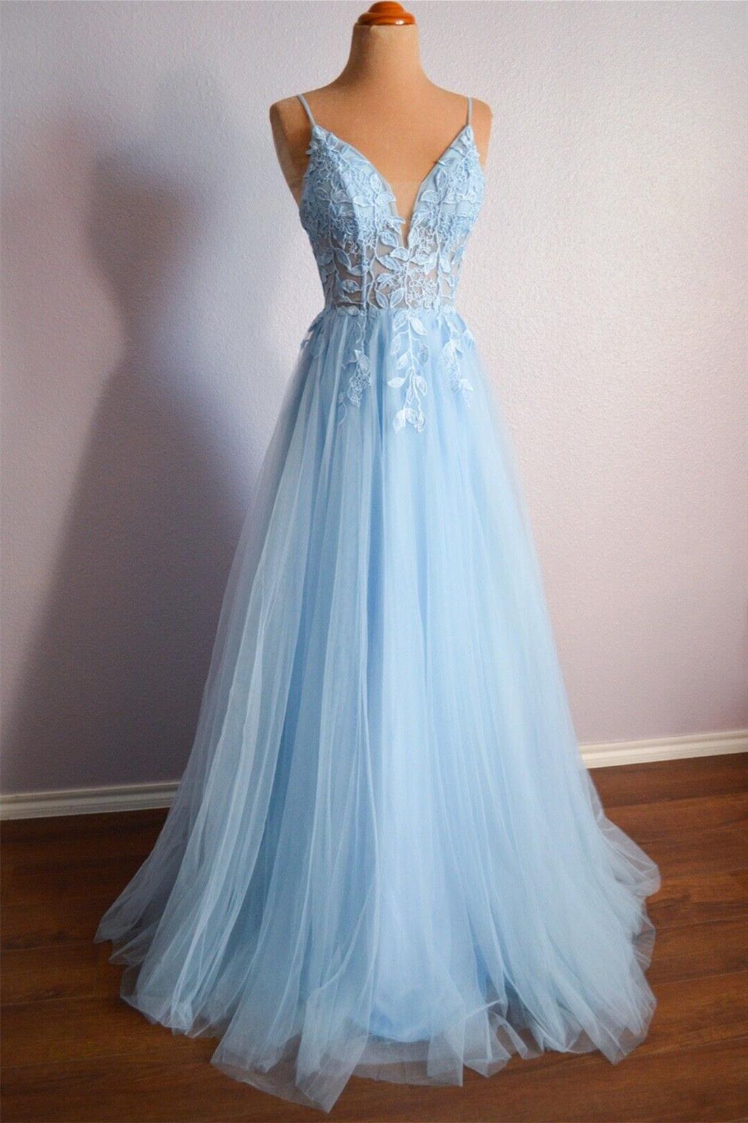 Light Blue Prom Dress V Neck Lace Up Appliques Tulle Long Evening Dress