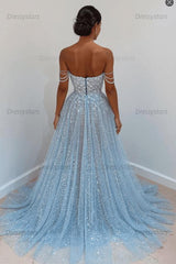 Light Blue Sequined Prom Dresses Off the Shoulder A Line Evening Dresses