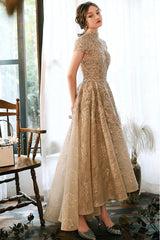 Light Champagne Prom Dress Lace Satin Evening Dress