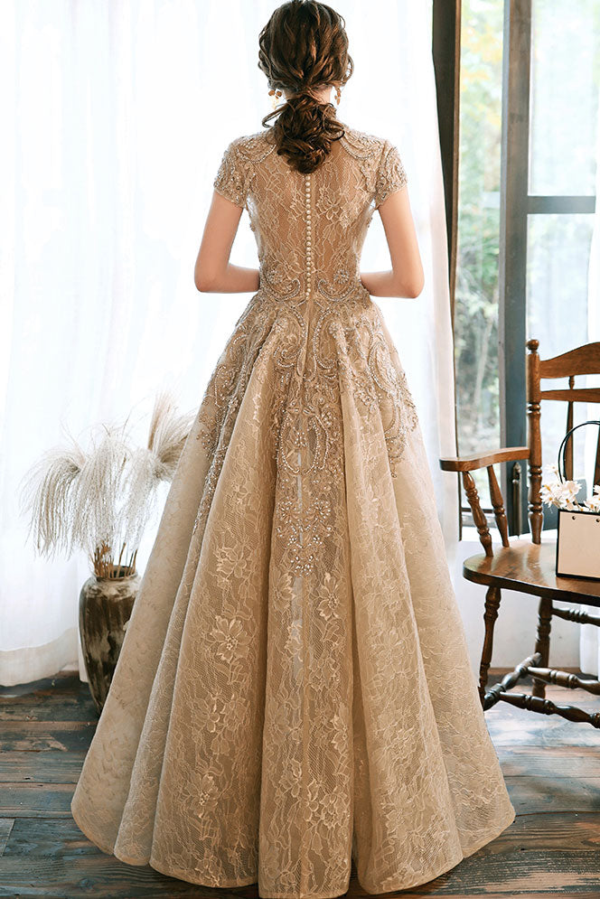 Light Champagne Prom Dress Lace Satin Evening Dress