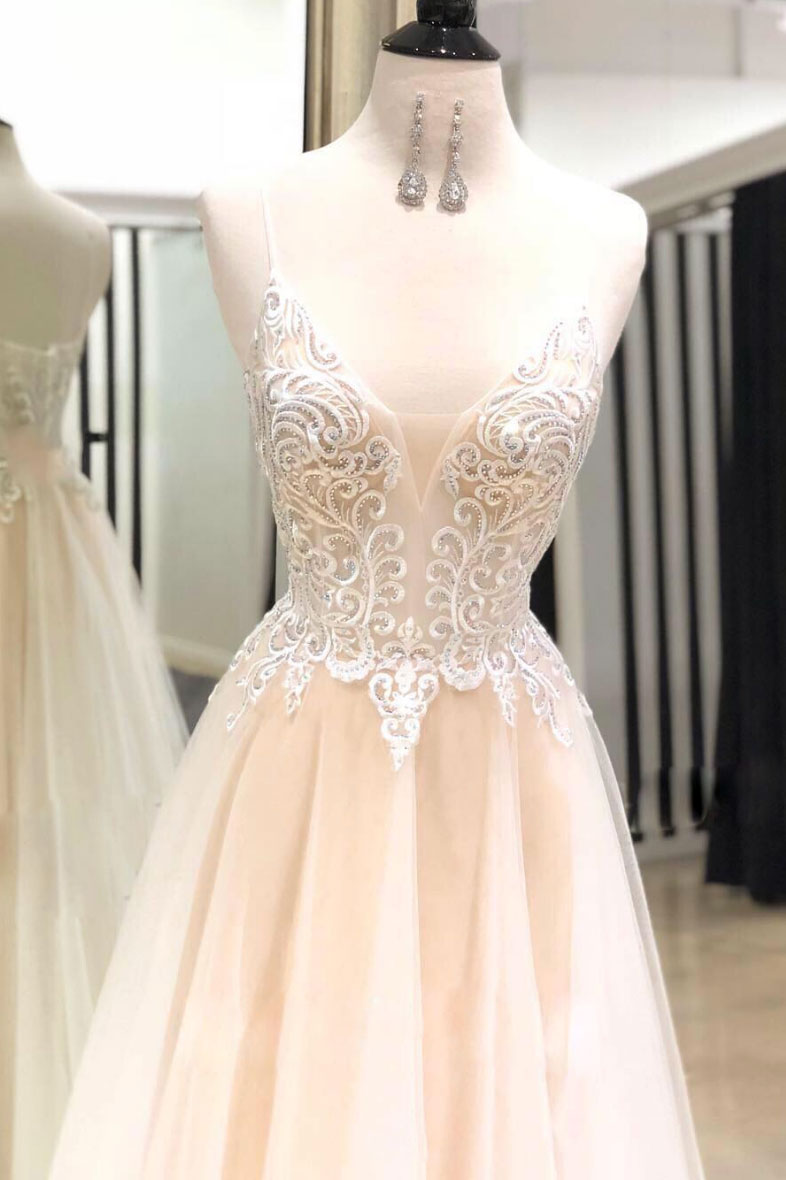 Light Champagne Prom Dress Sweetheart Neck Tulle Lace Long Formal Gown Evening Dress