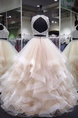 Light Champagne Prom Dress Tulle Beaded Sequin Long Evening Dress
