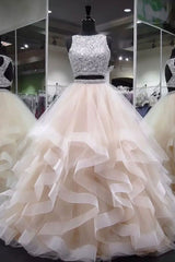 Light Champagne Prom Dress Tulle Beaded Sequin Long Evening Dress