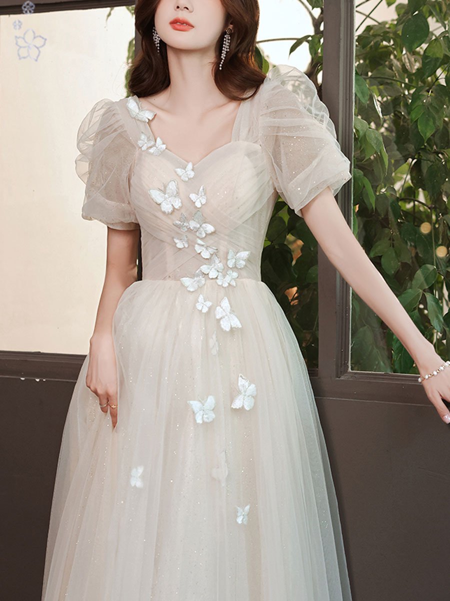 Light Champagne Prom Dress Tulle Lace Long Formal Gown Evening Dress