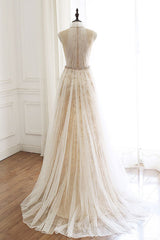Light Champagne Prom Dress Tulle Lace Long Formal Gown Evening Dress