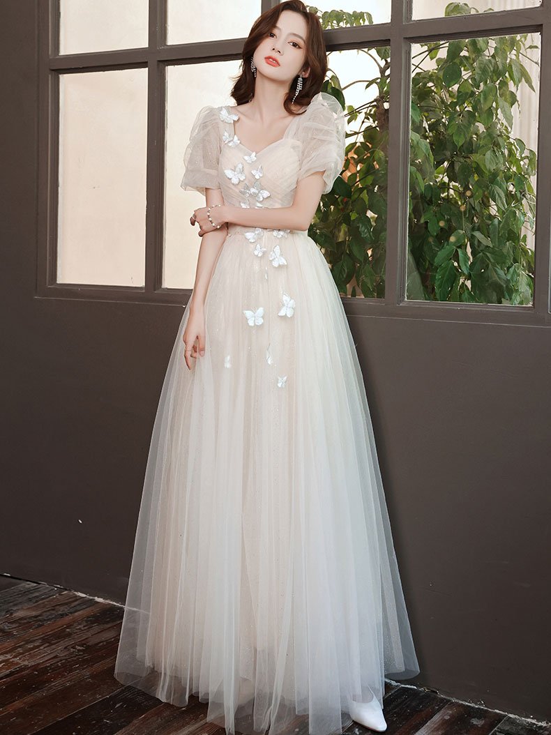Light Champagne Prom Dress Tulle Lace Long Formal Gown Evening Dress