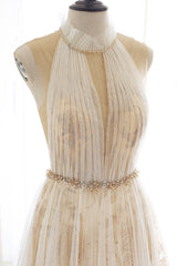 Light Champagne Prom Dress Tulle Lace Long Formal Gown Evening Dress