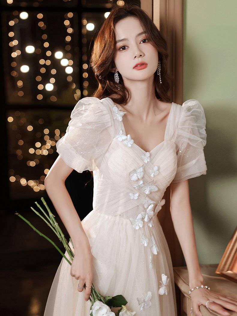 Light Champagne Prom Dress Tulle Lace Long Formal Gown Evening Dress