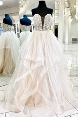 Light Champagne Prom Dress Tulle Lace Long Formal Gown Evening Dress
