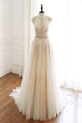 Light Champagne Prom Dress Tulle Lace Long Formal Gown Evening Dress