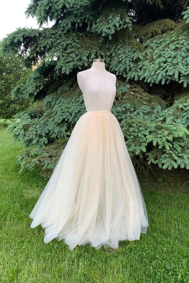 Light Champagne Prom Dress Tulle Long Formal Evening Dress