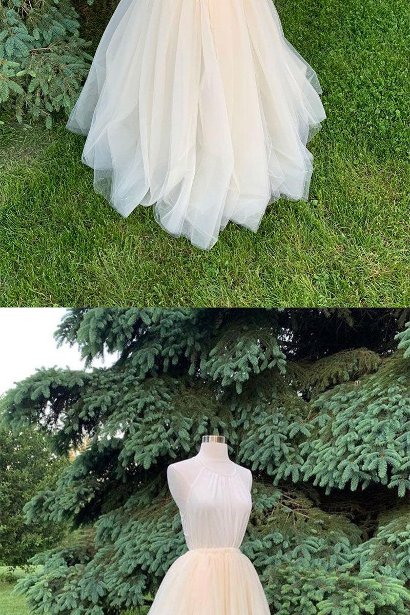 Light Champagne Prom Dress Tulle Long Formal Evening Dress