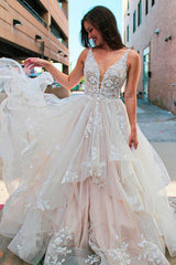 Light Champagne Prom Dress V Neck Tulle Lace Long Evening Dress