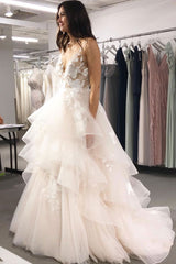 Light Champagne Prom Dress V Neck Tulle Long Evening Dress