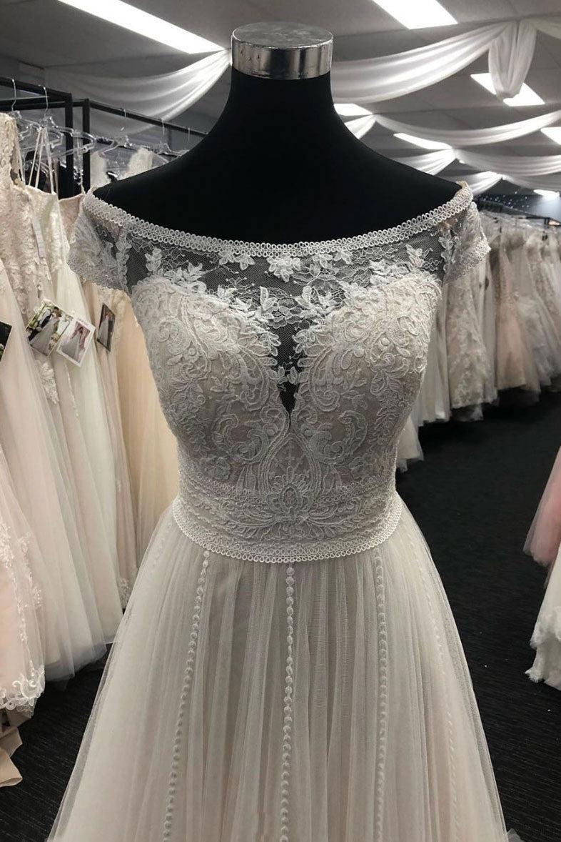 Light Champagne Wedding Dress Tulle Lace Long Bridal Gown