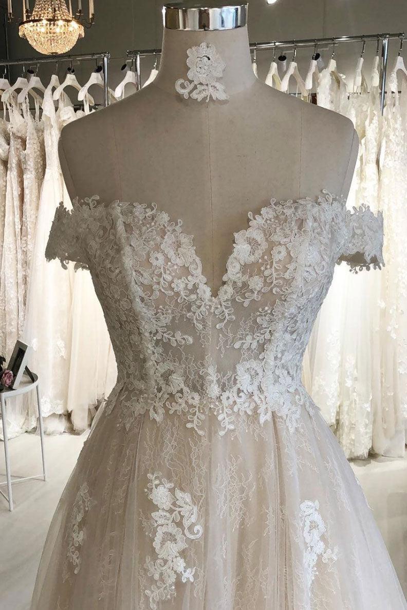 Light Champagne Wedding Dress Tulle Lace Long Off the Shoulder Bridal Gown