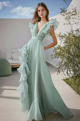 Dressystars Women Light Green Formal Dress Chiffon A Line V-Neck Ruffled  Long Wedding Guest Dress