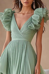 Light Green Formal Dress Chiffon Ruffed V Neck A Line Pleated Long Wedding Guest Dress