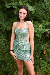 Light Green Homecoming Dress Corset Spaghetti Straps Tight Short Prom Dress