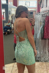 Light Green Homecoming Dress Corset Tight Short Prom Dress with Beadings
