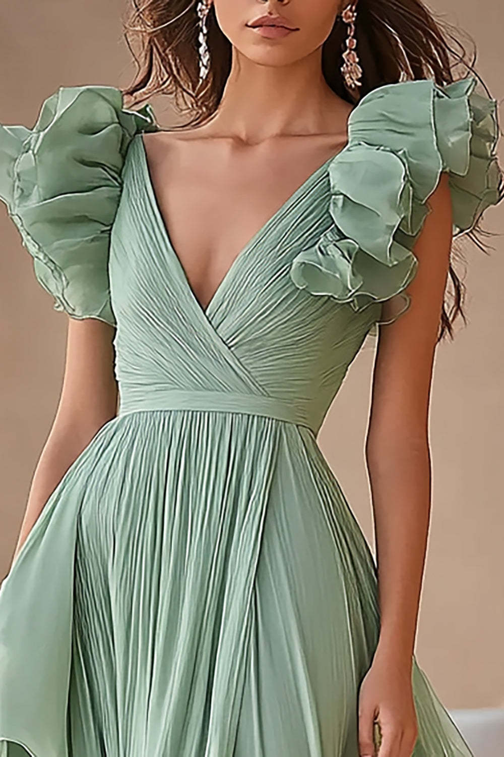 Light Green Prom Dress Chiffon Ruffed V Neck A Line Pleated Long Formal Dress