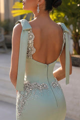 Light Green Prom Dress Column V Neck Beaded Spaghetti Strap Sleeveless Satin Formal Dress