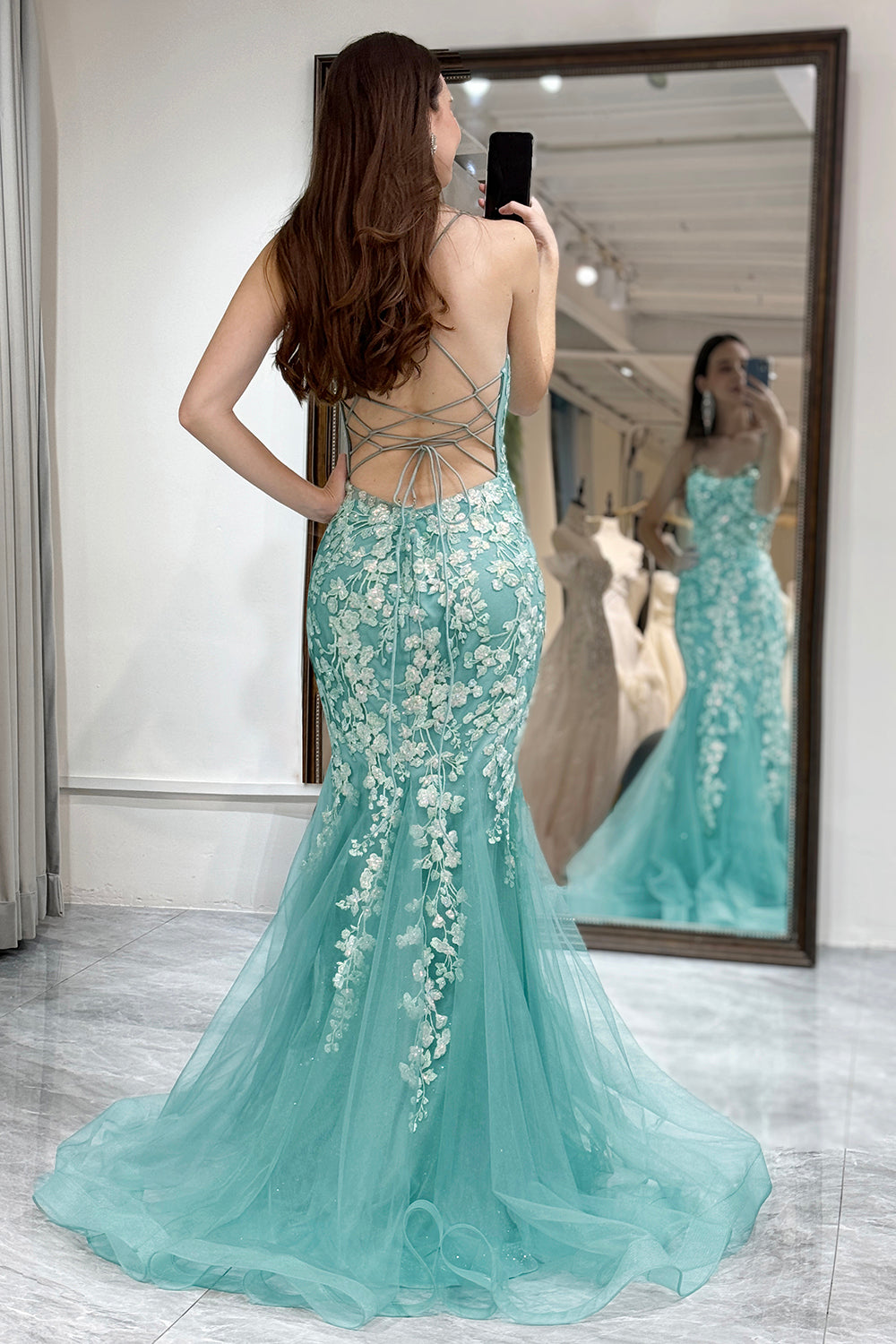 Light Green Prom Dress Mermaid Backless Long Corset Evening Dress With Appliques