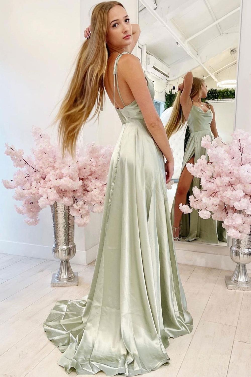 Light Green Prom Dress Satin Long Evening Dress